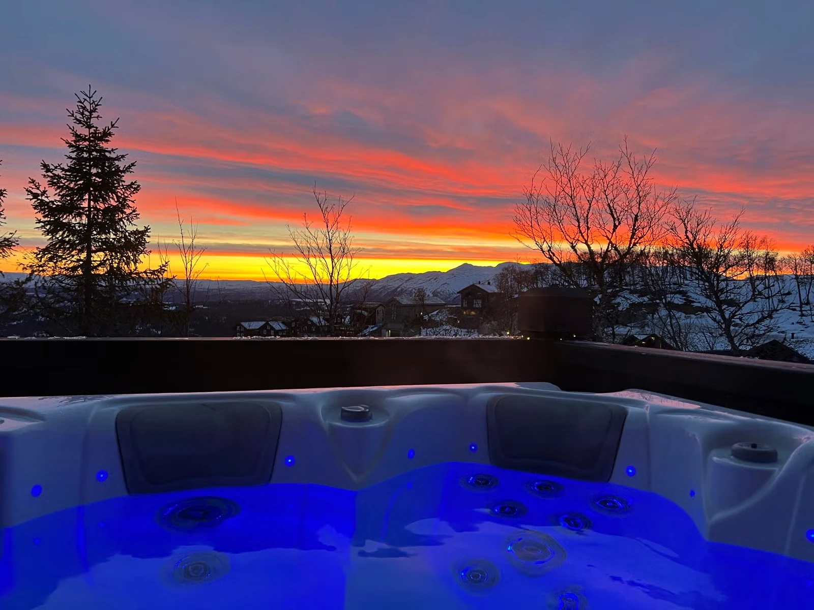 Sunset seen from the outdoor hot tub